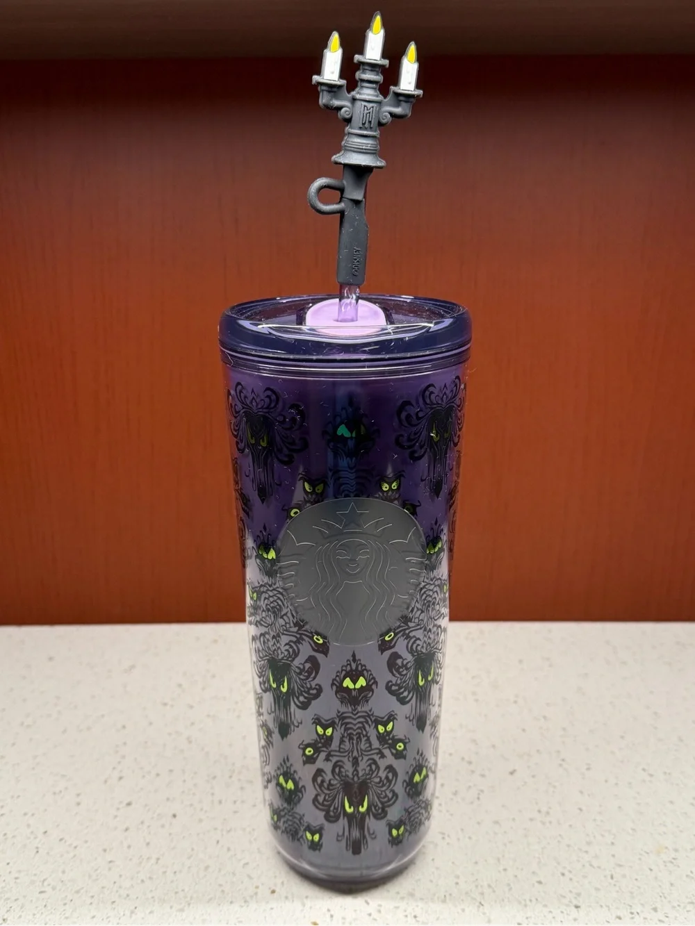 NEW DISNEY STARBUCKS HAUNTED MANSION EYES 24oz TUMBLER WITH STRAW & CANDELABRA